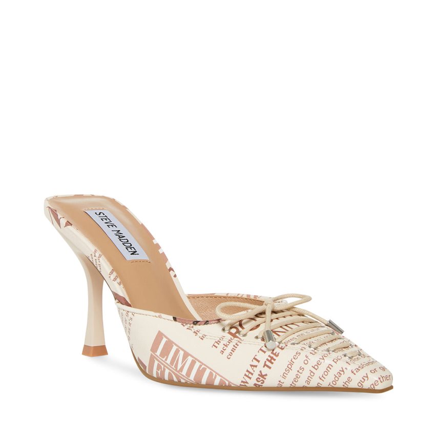 Steve Madden Brianne Newspaper Print Mules Sko Dame Hvite | VPYRO2978