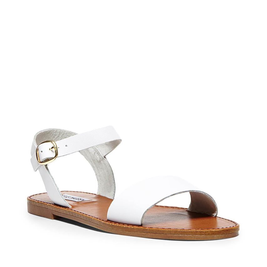 Steve Madden Donddi Lær Flate Sandaler Dame Hvite | OQPHB8305