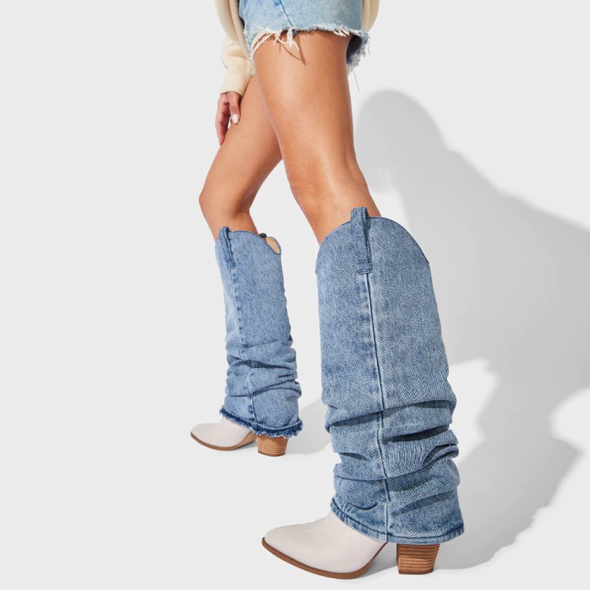 Steve Madden Lassy Denim Fabric Knehøye Støvletter Dame Blå | YSEJK9476