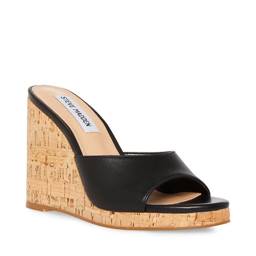 Steve Madden Marvelous Lær Wedge Dame Svarte | NUIJO7192