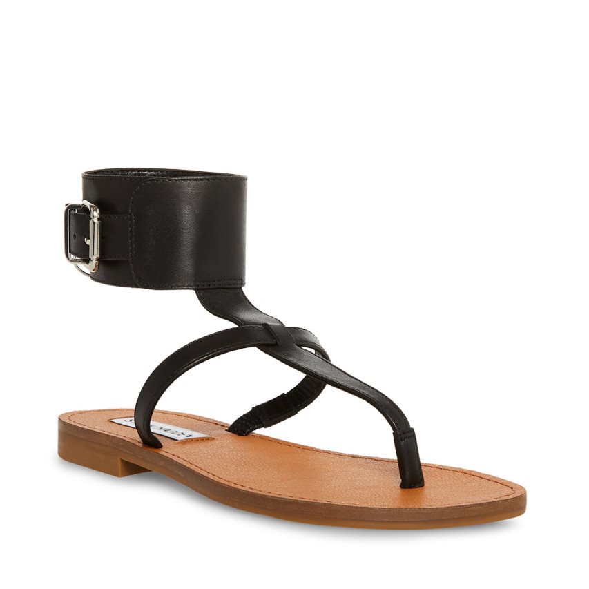 Steve Madden Rico Lær Flate Sandaler Dame Svarte | UWGHS9804