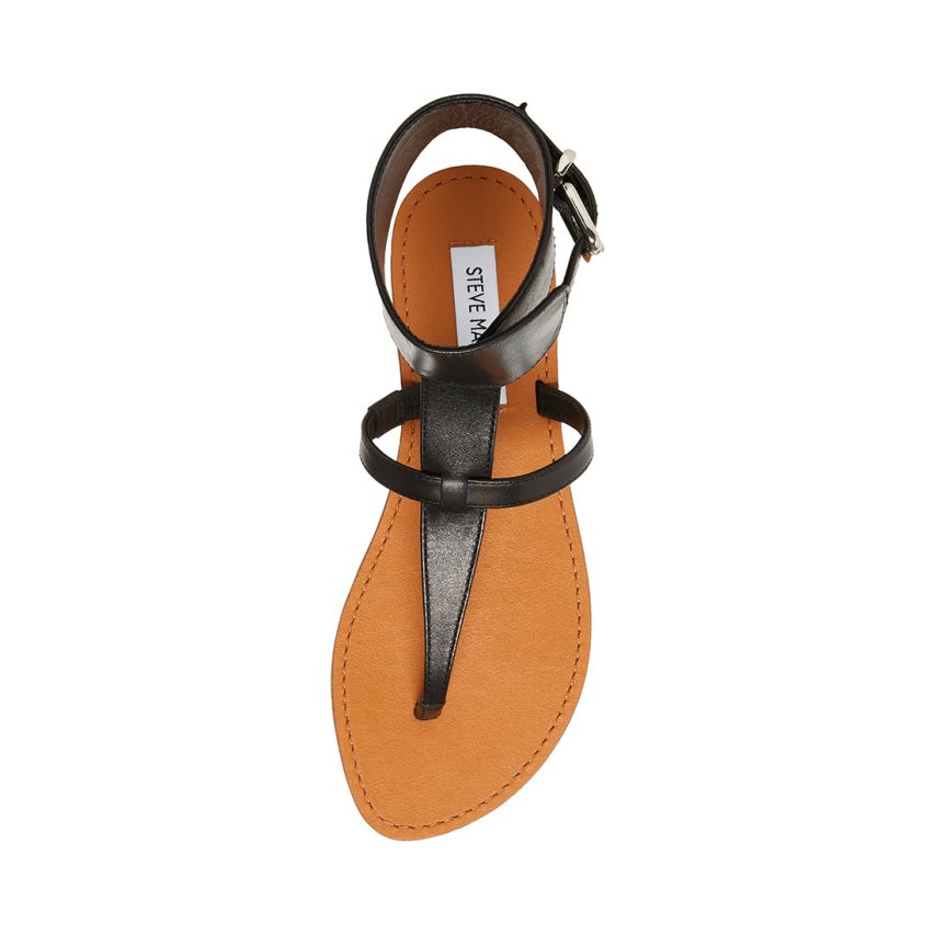 Steve Madden Rico Lær Flate Sandaler Dame Svarte | UWGHS9804