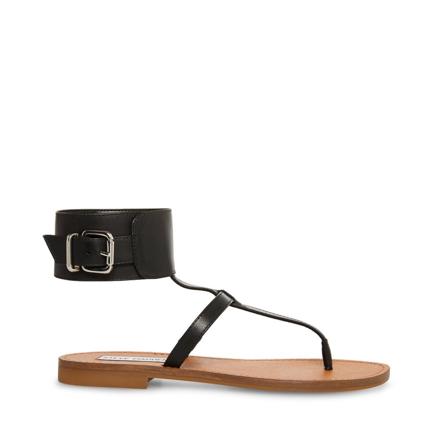 Steve Madden Rico Lær Flate Sandaler Dame Svarte | UWGHS9804