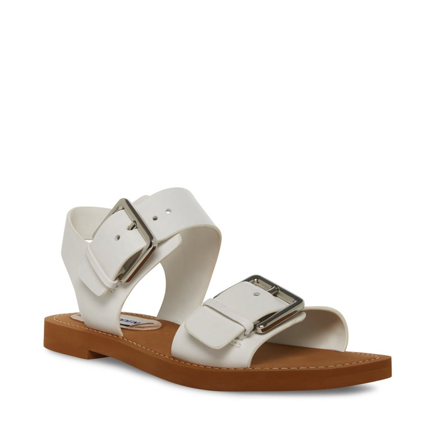 Steve Madden Santo Lær Flate Sandaler Dame Hvite | NPAMO8206