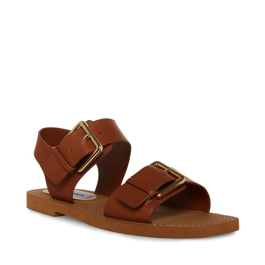 Steve Madden Santo Lær Flate Sandaler Dame Brune | YWJOG7419