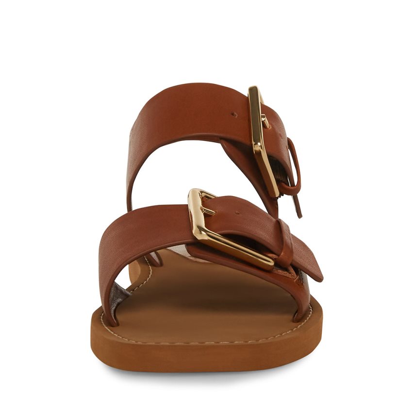 Steve Madden Santo Lær Flate Sandaler Dame Brune | YWJOG7419